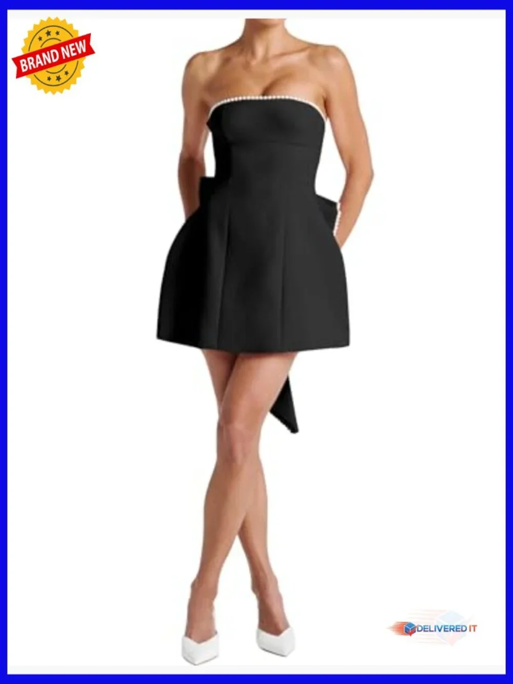 Strapless A-Line Mini Dress with Pearl Bow, Sleeveless Backless Summer Party - Picture 4 of 7